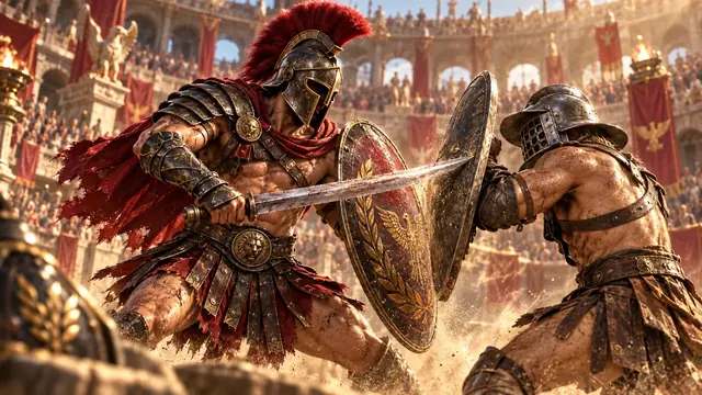Two gladiators clash shield to shield in a crowded Roman arena