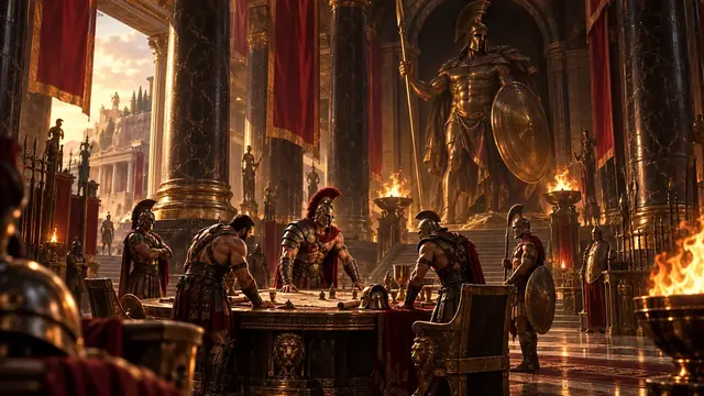 A guild gathering beneath torches in the Temple of Mars