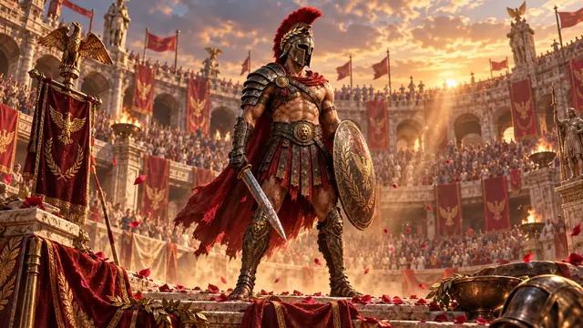 The same gladiator crowned with laurel before a roaring arena