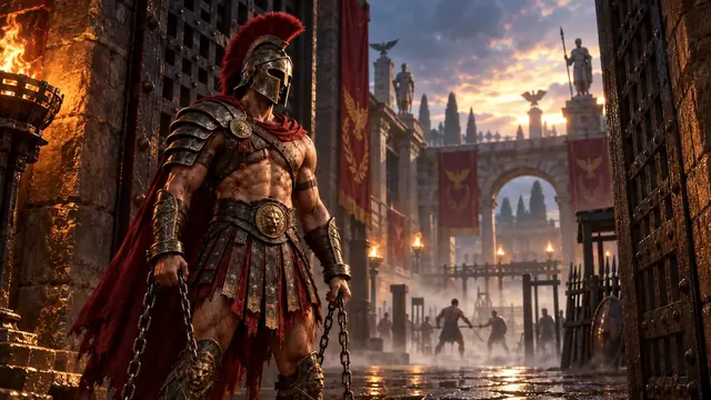 A chained gladiator led through the gate of a Roman ludus