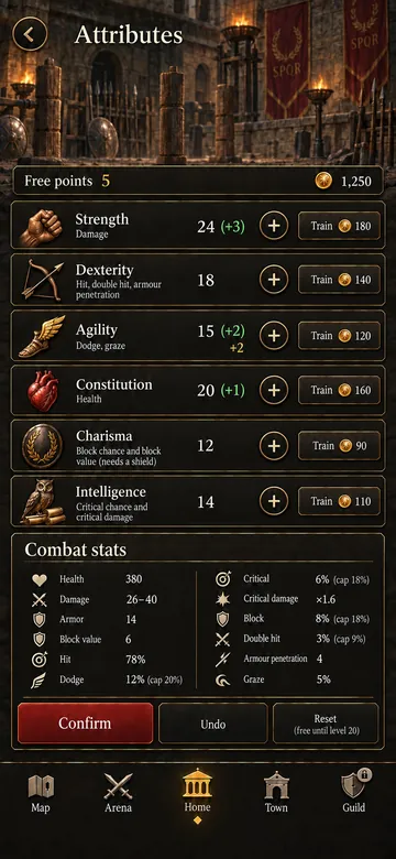 UI concept of the attributes screen with the six attributes and combat statistics