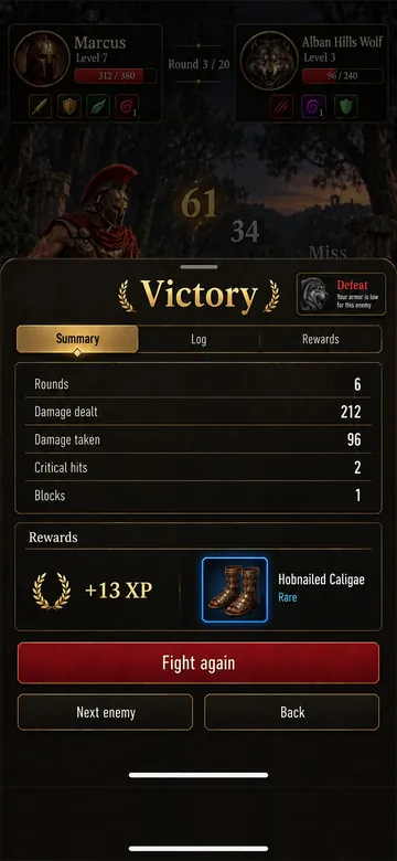 UI concept of a victory summary with rounds, damage and an item reward