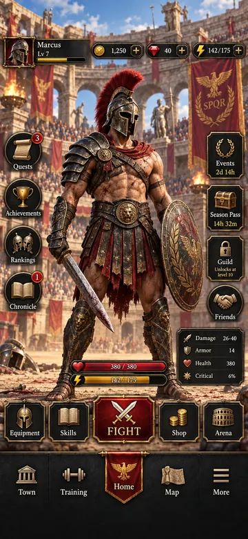 UI concept of the home screen: the player's gladiator in the arena with quick access to fights, equipment and the map