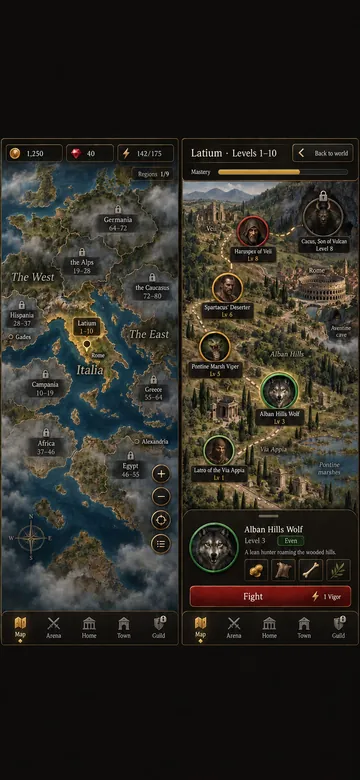 UI concept of the Latium map with enemy markers and their levels